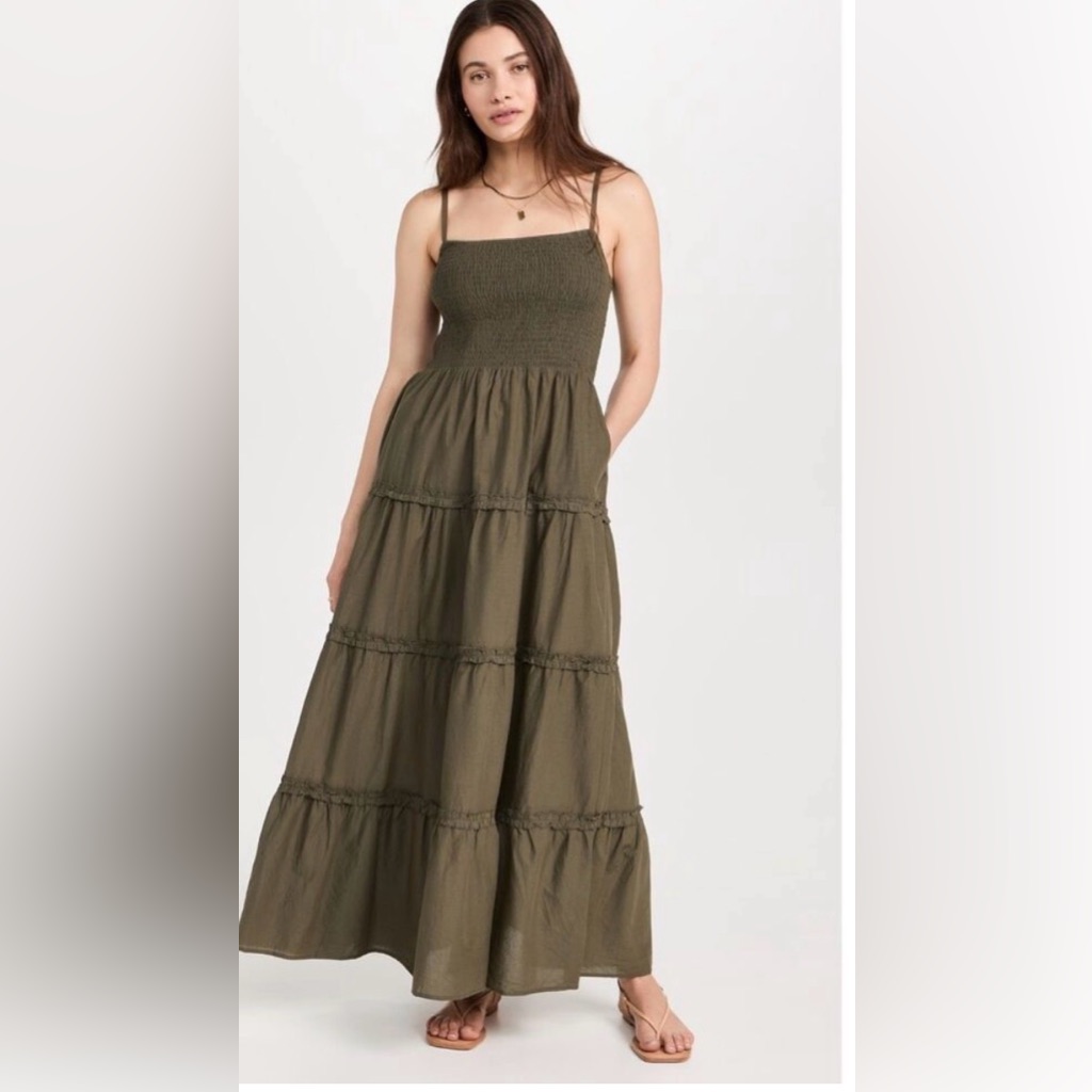 Olive Green Maxi Dress With Smocked Bodice Tiered Ruffle Pockets Cotton Cami